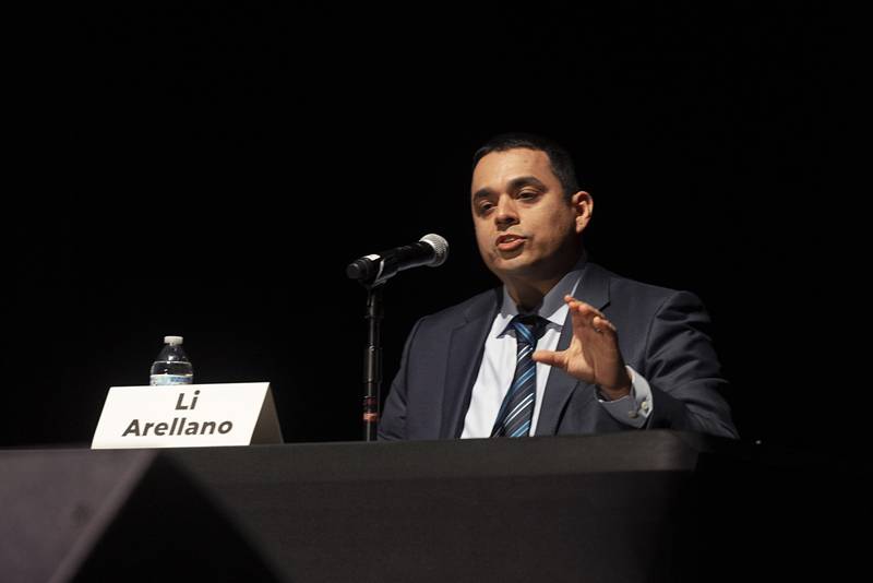Former Dixon Mayor Li Arellano speaks Thursday, Feb. 22, 2024, during a candidate forum for the 37th Senate District. The forum was hosted by Discover Dixon and held at The Dixon: Historic Theatre.