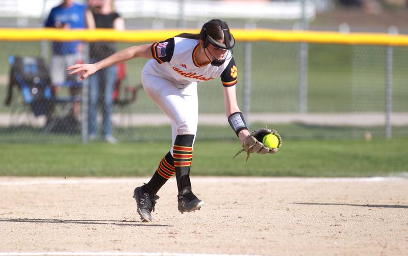 Batavia's Leah Paganelis scoops up a ground ball during a game on Tuesday, May 6, 2025 against Geneva in Batavia.