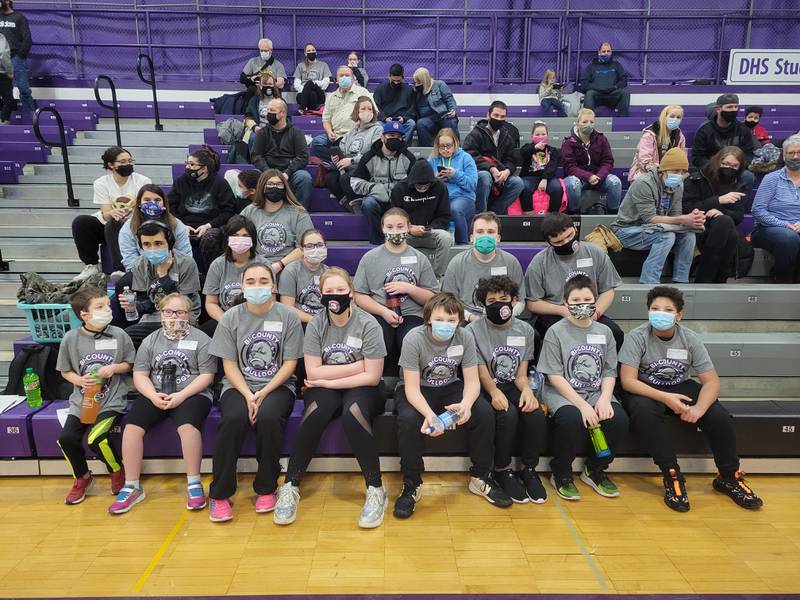 Bi-County Bulldogs athletes. Front row (left to right): Marshall Armstrong, Nora Kasinger, Ashley Ogburn, Embrey Toppert, Iligah Williams, Collin Mealing, Kaleb Lewis, Tayshonn Kelly. Back row (left to right): Bradley Stuart, Samantha Zimmerman, Lucy Kurtz, Stella Volkert, Andrew Bertolozzi, Joey Carlson