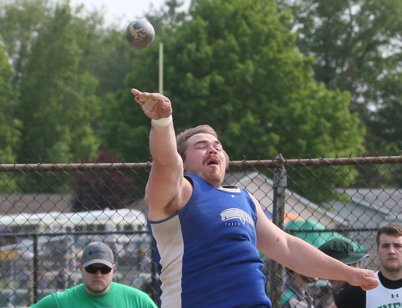 Princeton's Payne Miler throws shot put during the Class 2A track sectional meet on Wednesday, May 17, 2023 at Geneseo High School.