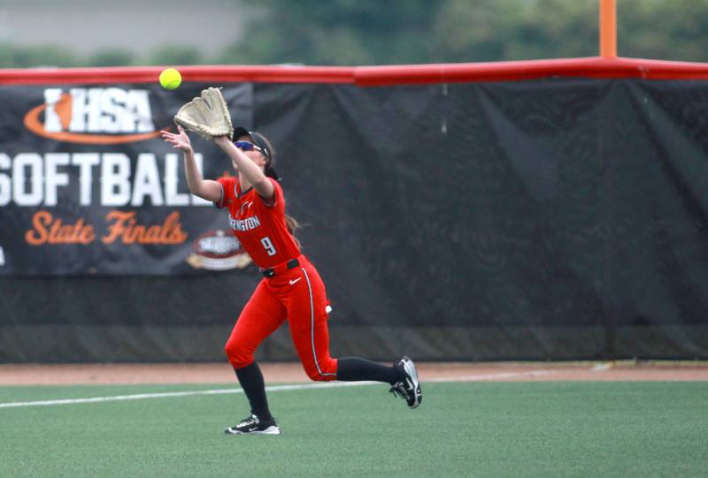 Barrington's Nina Brebach makes a catch in the outfield during a IHSA Class 4A state semifinal game against Lockport on Friday, June 13, 2025 at the Louisville Slugger Sports Complex in Peoria.