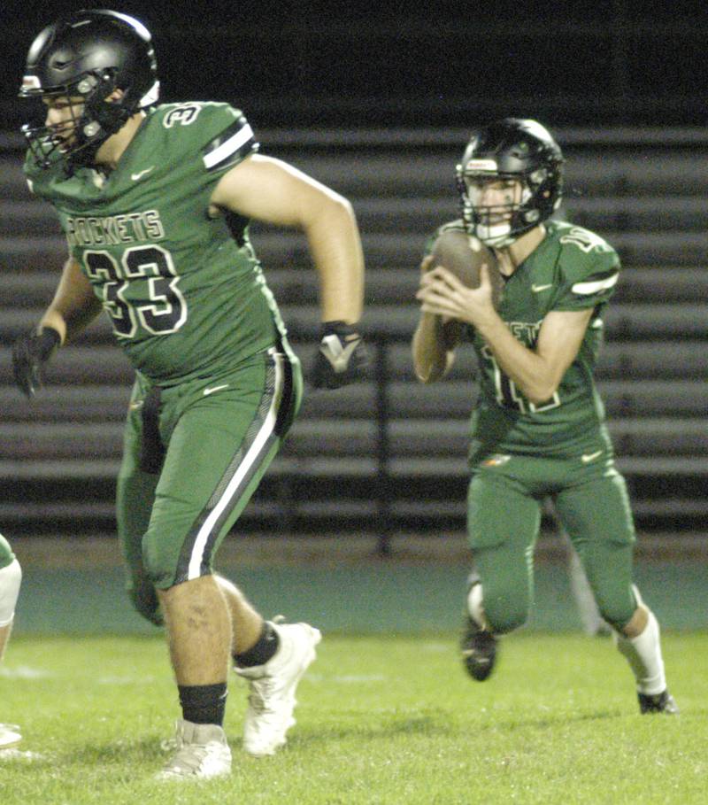 Rock Falls Rocket Logan Thome awaits a block from Zachary Walker in the 1st. quarter of their football game.  The Grey Ghosts of Illinois Valley Central traveled to Hinders Field in Rock Falls on Friday, October 10, 2025 to take on the Rockets.