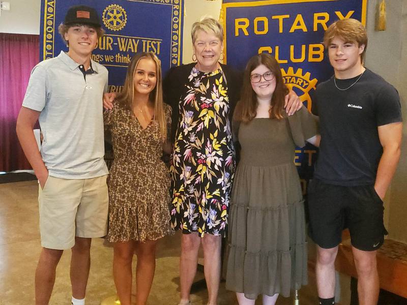 2023 Princeton Rotary Scholarship recipients include (L-R) Jarrett Carr, Madison Doran, Isabella Whitfield and Carson Etheridge. Scholarship Committee Member Joanne Sheldon is also pictured, middle.