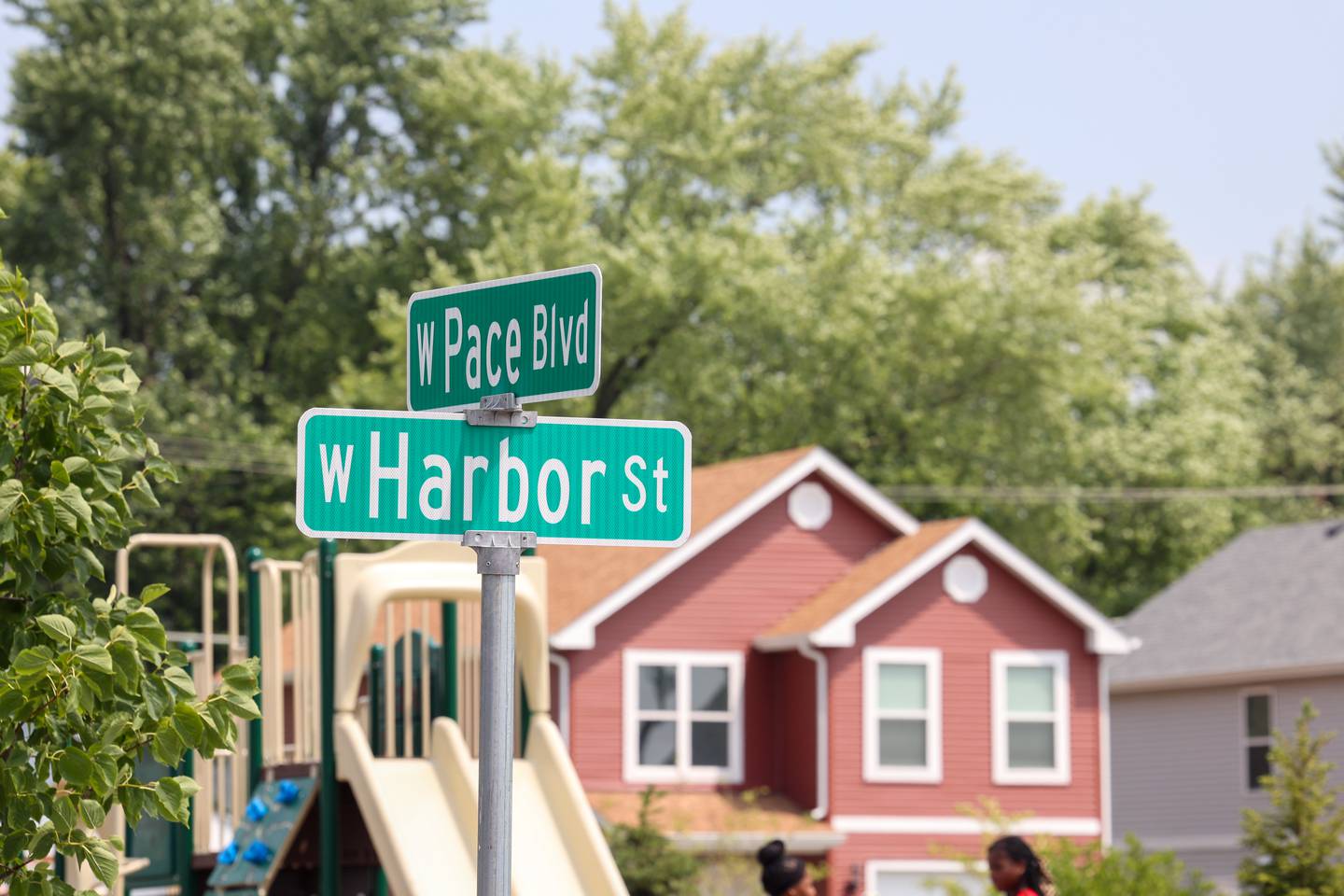 A road sign designates a street in the new West Harbor Residences as West Pace Boulevard, in honor of longtime Kankakee youth and community advocate Theodis Pace.  The Kankakee County Housing Authority held the ribbon cutting and street dedication ceremony on Wednesday, July 23, 2025.