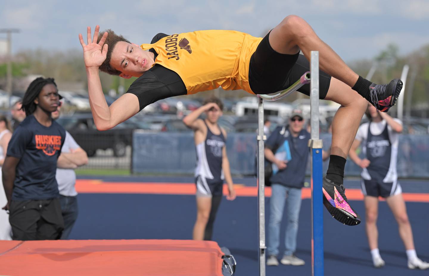 Jacobs’ Jayden Tyranski in the high jump at the Naperville North Gus Scott boys and girls track and field invitational on Friday, Apr. 17, 2026 in Naperville.