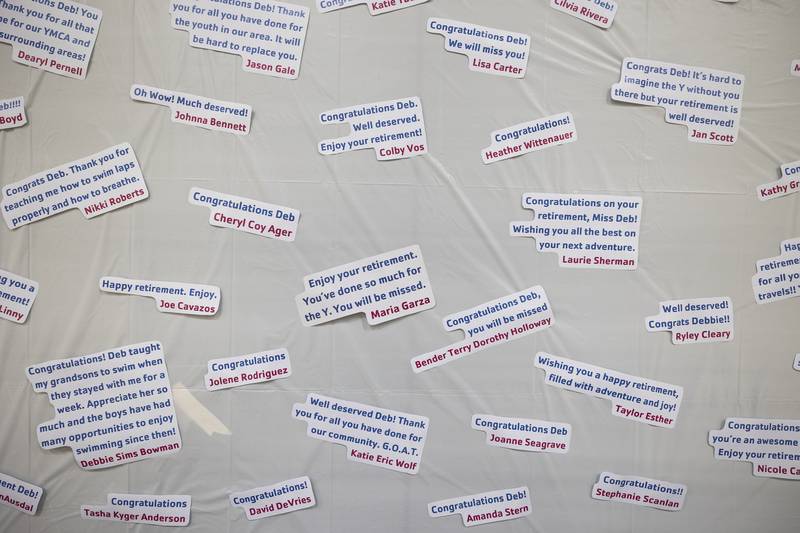 Notes wishing Deb Mortonson well are posted Wednesday, Dec. 17, 2025, at her retirement party at the Sterling/Rock Falls YMCA.