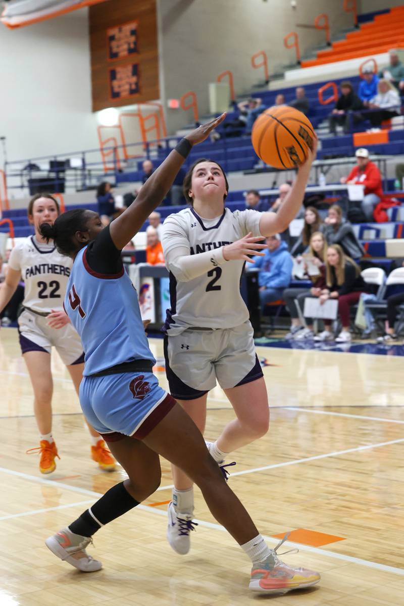 Manteno’s Lila Prindeville goes for a layup during the Panthers’ 44-23 victory over St. Joseph-Ogden in the IHSA Class 2A Pontiac Sectional semifinal on Tuesday, Feb. 24, 2026, at Pontiac Township High School.