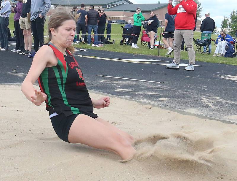 L-P's Natillie Wozniak competes in the long jump during the Class 2A Sectional track meet on Wednesday, May 13, 2026 in the Jeff Prusator Athletic Complex at Mendota High School.