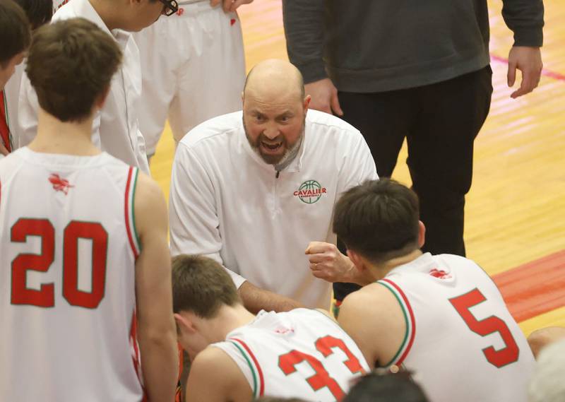 L-P head boys basketball coach John Senica talks to his team during a timeout while playing Rantol on Friday, Dec. 19, 2025 in Sellett Gymnasium at L-P High School.