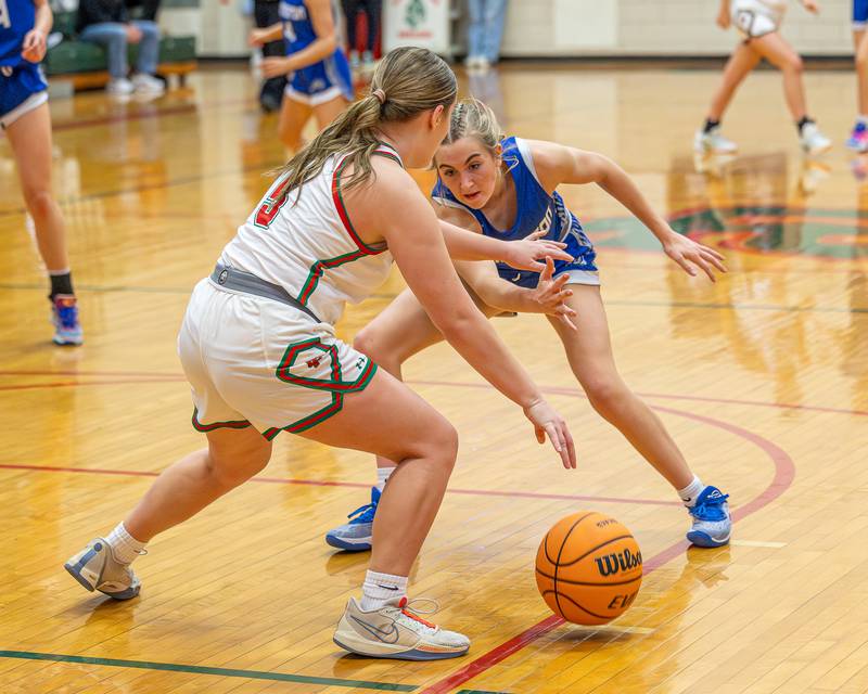 L-P's Emma Jereb (5) dribbles ball down lane as Princeton’s Kiyrra Morris (5) swipes to steal on Saturday, Feb. 7, 2026 in Sellett Gymnasium at L-P High School.