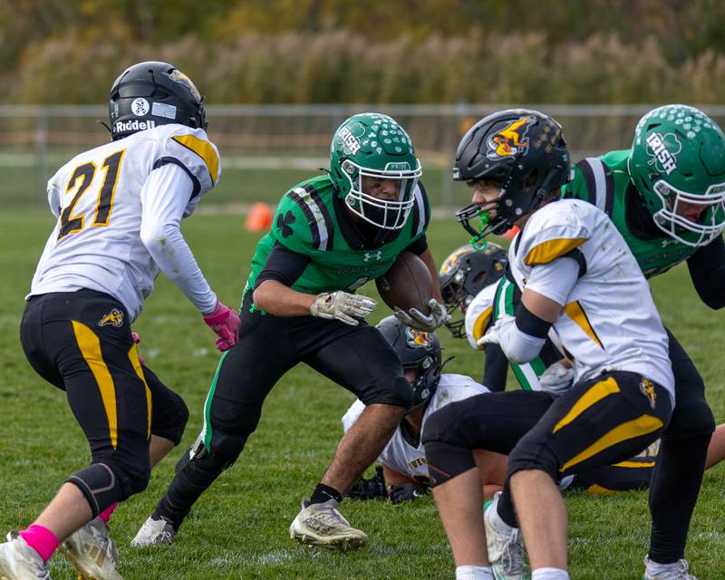 Gunnar Varland (2) of Seneca runs ball as players of Riverdale surround him on Saturday, November 1, 2025 at Seneca High School in Seneca.