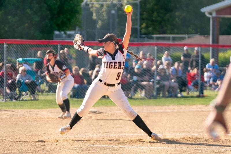 Plainfield North's Grace Smith (9) delivers a pitch against Yorkville during the Class 4A Yorkville Regional softball final at Yorkville High School on Friday, May 26, 2023.