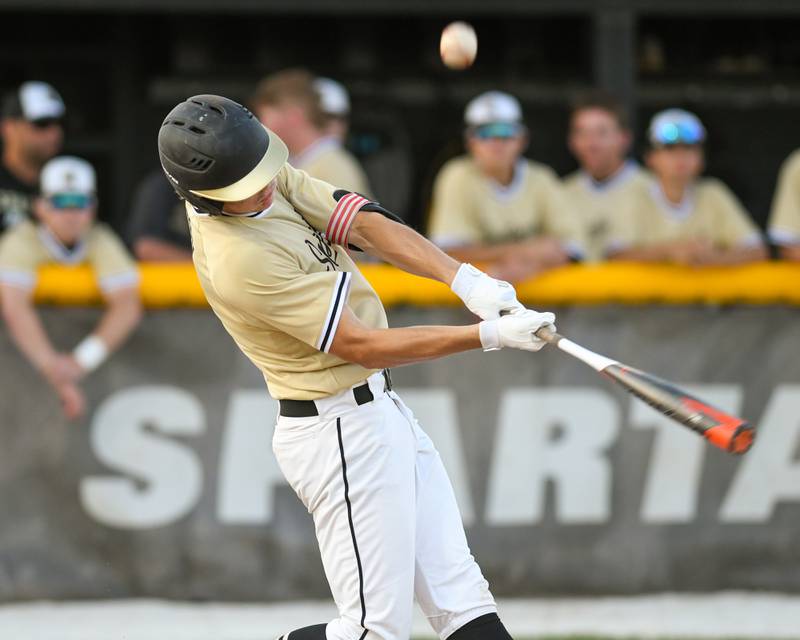 Sycamore Ethan Storm (3) foul tips the ball during Wednesday’s June 1st game while taking on Wheaton St. Francis in Sycamore.