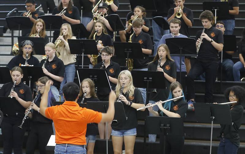 Members of the McHenry High School Band perform on Sunday, Aug. 27, 2023, during a celebration for veterans returning from an Honor Flight trip to Washington D.C., on Sunday, Aug. 27, 2023, at McHenry Community High School’s Upper Campus.