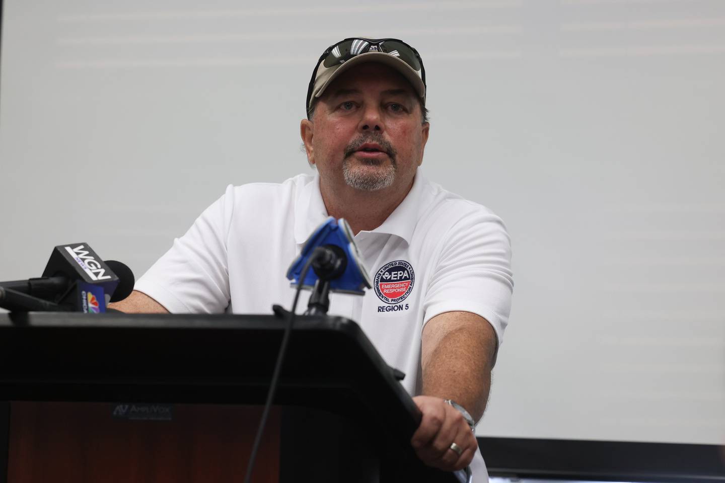 Jim Mitchell, of the Environmental Protection Agency Region 5, gives an update during a press conference on the water and air quality as a result of the Tuesday fire at the Tri-County Stockdale facility. Wednesday, July 20, 2022 in Shorewood