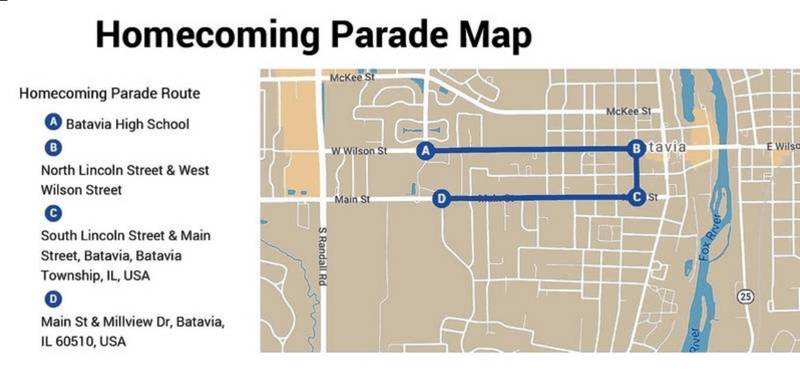 A map provided by the Batavia Police Department outlines street closures for this year's Batavia High School homecoming parade.