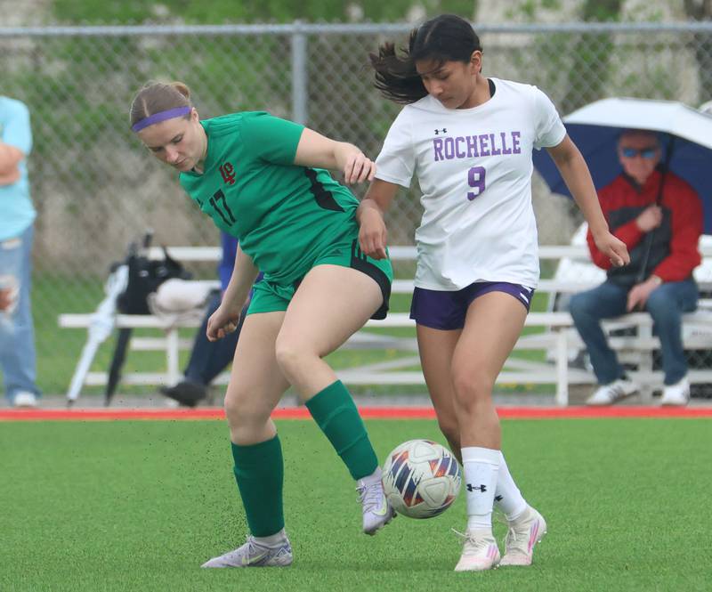 L-P's Avalyn Edwall and Rochelle's Joselyn Ortega try to gain posession over the ball on Wednesday, April 15, 2026 at the L-P Athletic Complex in La Salle.