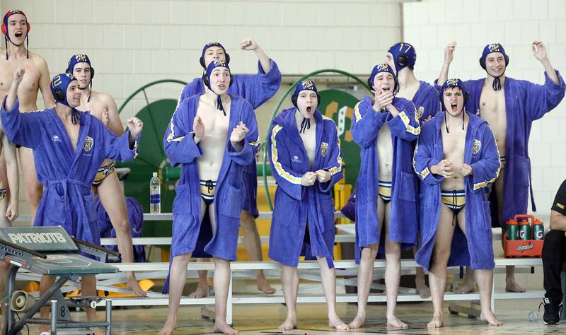 Lyons' celebrates a goal against against the York during the IHSA State Water Polo consolation match Saturday May 20, 2023 at Stevenson High School in Lincolnshire.