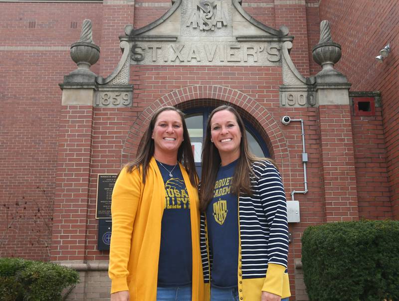 Marquette Academy's Mindy McConnaughhay, admissions and marketing director, and principal Brooke Rick pose for a photo outside the school on Wednesday, April 13, 2022, in Ottawa.