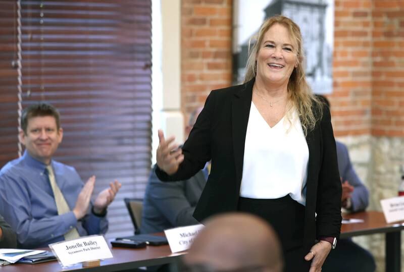 Executive Director of the Sycamore Chamber of Commerce, RoseMarie Treml, welcomes attendees Wednesday, May 1, 2024, to the Sycamore Chamber of Commerce State of the Community Address in the DeKalb County Community Foundation Freight Room.