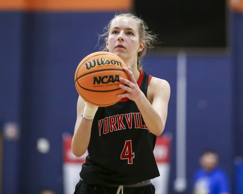 Yorkville's MacIe Jones (4) shoots a free throw during their basketball game between Yorkville at Oswego, Feb 7, 2026 in Oswego.