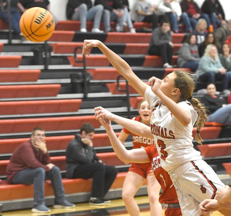 Forreston's Tenlei Patterson (3) knocks the ball away against Oregon during a Saturday, Jan. 3, 2026 game at Forreston High School.