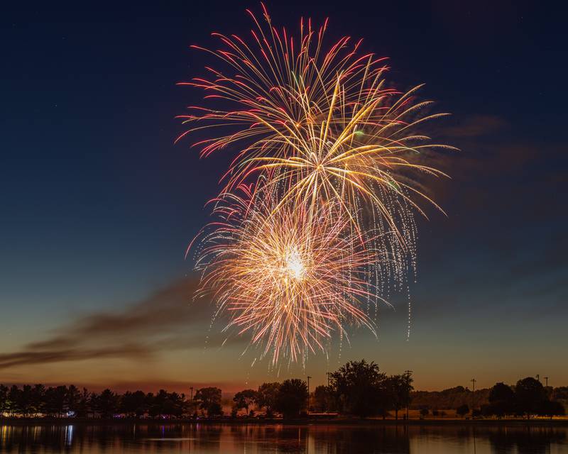 Fireworks explode in the night sky after sunset over Lake Mendota on June 28, 2025 in Mendota.