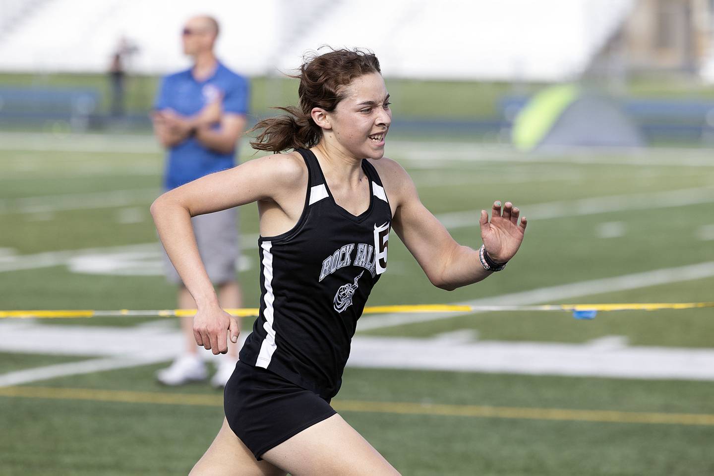Rock Falls’ Ariel Hernandez eyes the finish line in the 3200 Thursday, May 11, 2023 at the class 2A Sterling girls track sectionals.