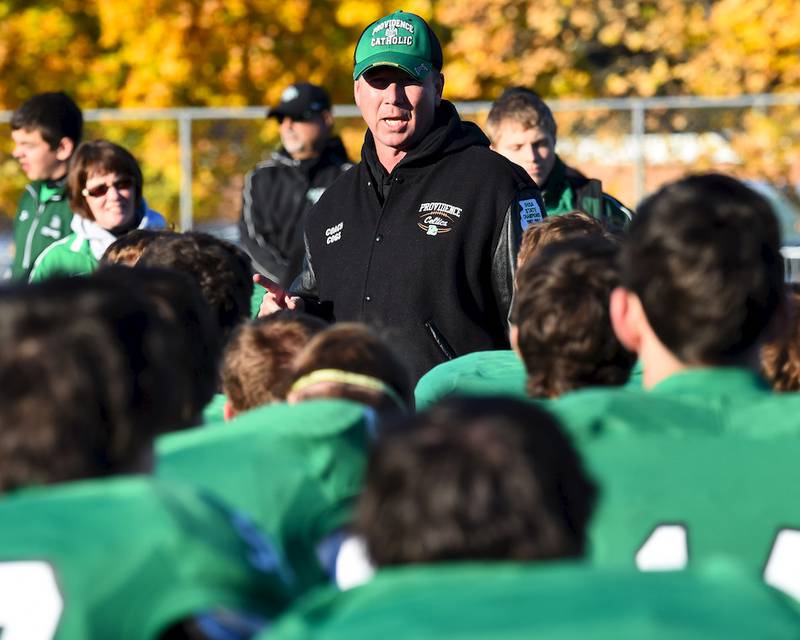 Providence Celtics head coach Mark Coglianese  speaks to the team Nov. 1 after they defeated the Quincy Blue Devils at Providence High School in New Lenox.
