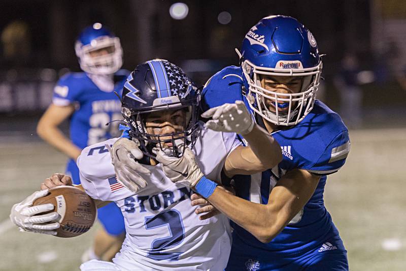 Newman’s Isaiah Williams pushes Bureau Valley’s Corban Chhim out of bounds Friday, Sept. 29, 2023 in Sterling.