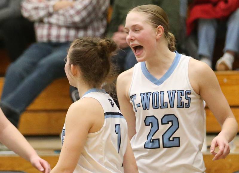 Cissna Park's Josie Naukomm reacts after defeating Flanagan-Cornell/Woodland during the Class 1A Sectional semifinal game on Tuesday, Feb. 25, 2025 at Midland HIgh School.
