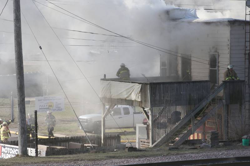 Firefighters work the scene of a structure fire at the former Platform 31 tavern on Monday, March 24, 2025 on Water Street in Peru. The fire was upgraded to a three-alarm summing ire departments from La Salle, Utica, Mendota, Tonica, Spring Valley, Ottawa, Ladd, Lostant, Cedar Point, Troy Grove and Peru responded to the fire.