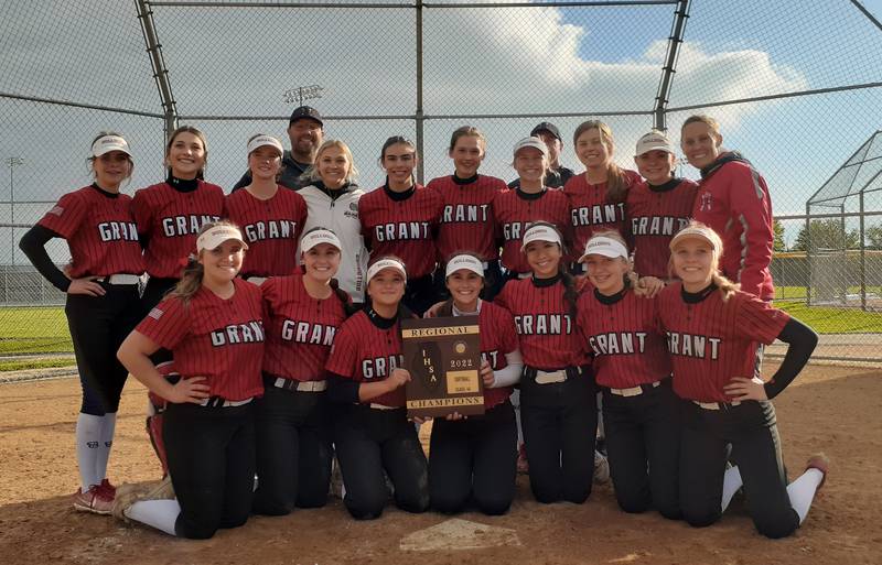 Grant players pose with their regional plaque after defeating Jacobs 4-0 in the Class 4A Jacobs Regional final game on Friday in Algonquin.