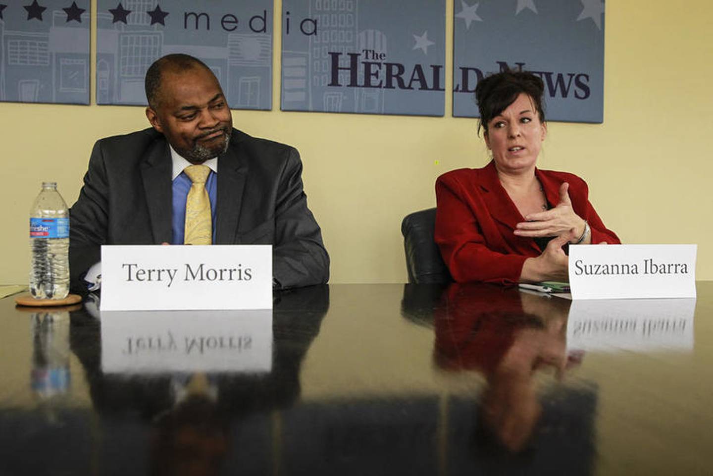 Joliet District 5 City Council member Terry Morris (left) and candidate Suzanna Ibarra speak to The Herald-News on Thursday in Joliet.