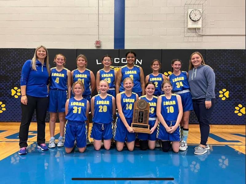 Princeton Logan Junior High captured the seventh-grade SRC girls basketball championship, defeating top seed Bureau Valley 34-13 Wednesday night at LaSalle. Team members are (front row, from left) Kaylee Tanner, Marilyn Scanland, Payton Brandt, Anna Ellis and Piper Hansen; and (back row) coach Kellie Brandt, Jocelyn Strouss, Willow Anderson, Avaya Koning, Eryn Crowder, Annie Thompson, Kinley Fogarty and coach Darcy Kepner.