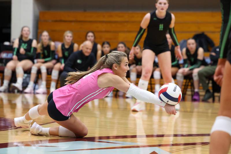 Providence's Maddie Johnson dives for a volley during the Celtics' victory in two sets, 25-25, 25-18, over Lemont in the IHSA Class 3A Kankakee Sectional championship on Thursday, Nov. 6, 2025.
