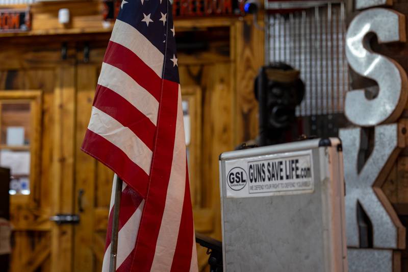 American flag is displayed at "Guns Save Life" event on Thursday, Aug 21, 2025 at Jamie's Outpost in Utica.