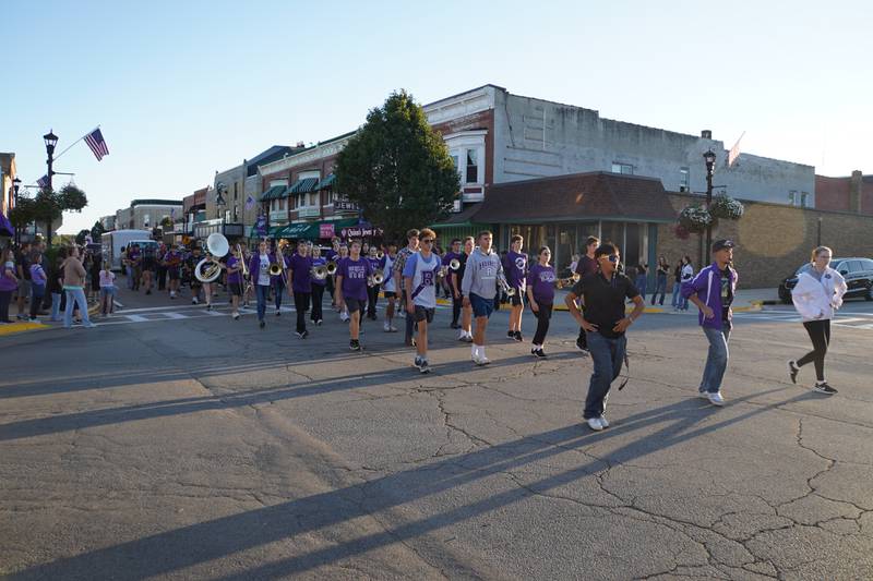 The RTHS band performs in the Rochelle Township High School Homecoming parade on Thursday, Sept. 25, 2025 in downtown Rochelle.