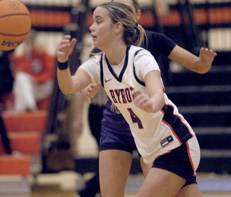 Byron's Macy Groharing passes the ball. The Byron Tigers won over the Dixon Duchesses 46-43 in overtime. The girls basketball game took place at Byron on Saturday, January 24th, 2026