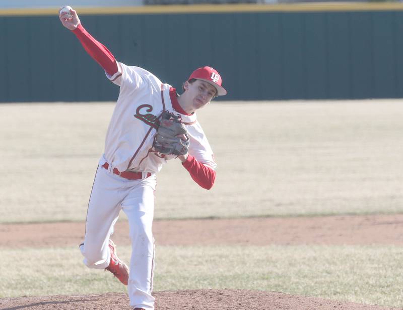 L-P pitcher Jett Hill lets go of a throw to Pontiac on Monday, March 24, 2025 at Huby Sarver Field inside the L-P Athletic Complex in La Salle.