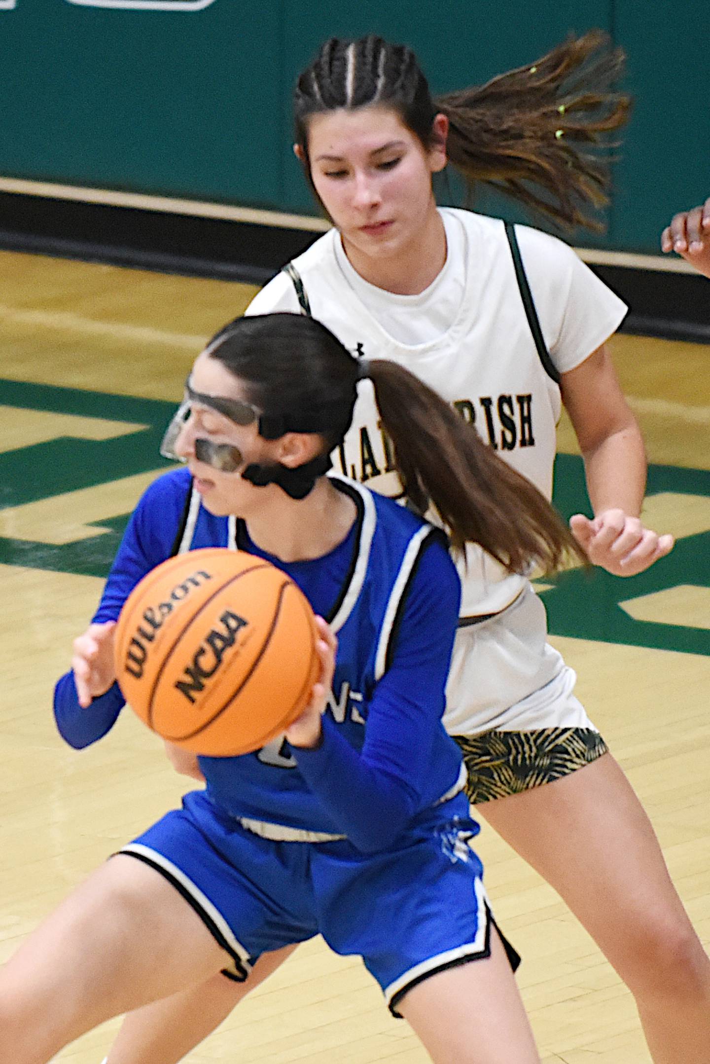 Peotone's Mal Schroeder, bottom, looks to pass as Bishop McNamara's Analeah Ramirez defends during a girls basketball game at Bishop McNamara Thursday, Feb. 13, 2025.