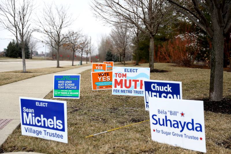 Campaign signs outside the Sugar Grove Public Library, where early voting was available on Thursday, March 23, 2023.