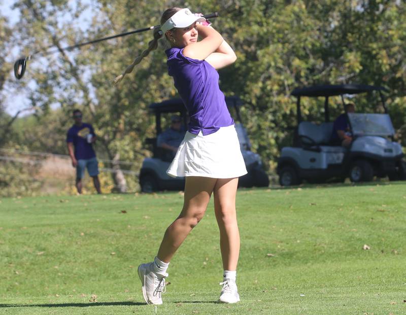 Meneota's Ally Denault tees off during the Class 1A Regionals on Tuesday, Sept. 30, 2025 at Spring Creek Golf Course in Spring Valley.