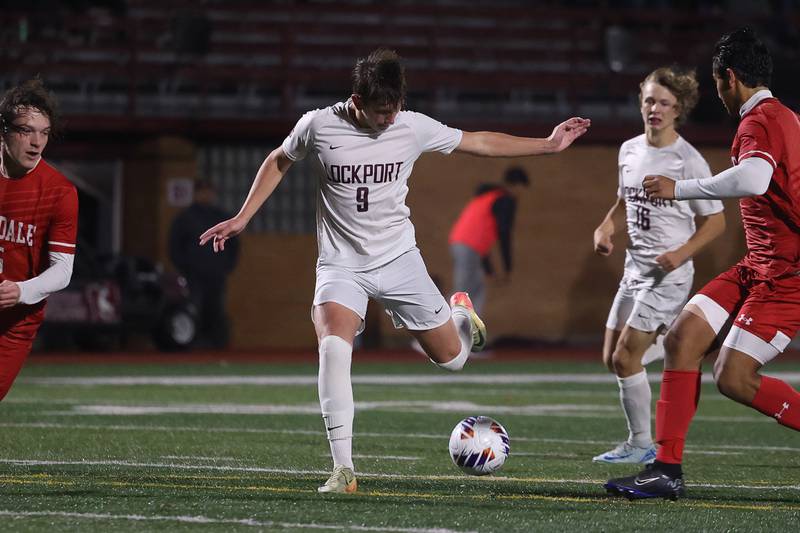 Lockport’s Jacob Hareza takes a shot against Hinsdale Central in the Class 3A Morton Supersectional on Tuesday, Nov. 5, 2024 in Cicero.