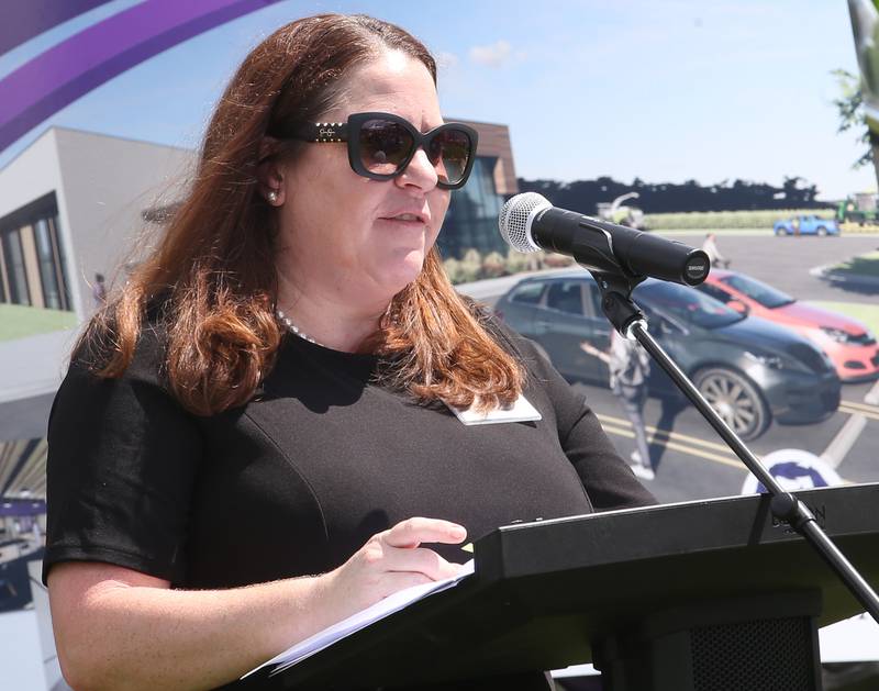 Tracy Beattie, Executive Director of the Foundation at Illinois Valley Community College, gives remarks during a groundbreaking ceremony of the new Dr. Alfred E. Wisgoski  Agricultural Education on Friday, Aug. 22, 2025 at Illinois Valley Community College in Oglesby. The new building, received a one-million dollar donation from the Wisgoski family, funds from the federal Economic Development Administration and the state of Illinois Department of Commerce and Economic Opportunity, will not only provide physical spaces that reflect the program’s growth, innovation, and capabilities, but the IVCC Agricultural Education Center will also serve as a focal point for agricultural industry activities within the community. The building will take one-year to complete.