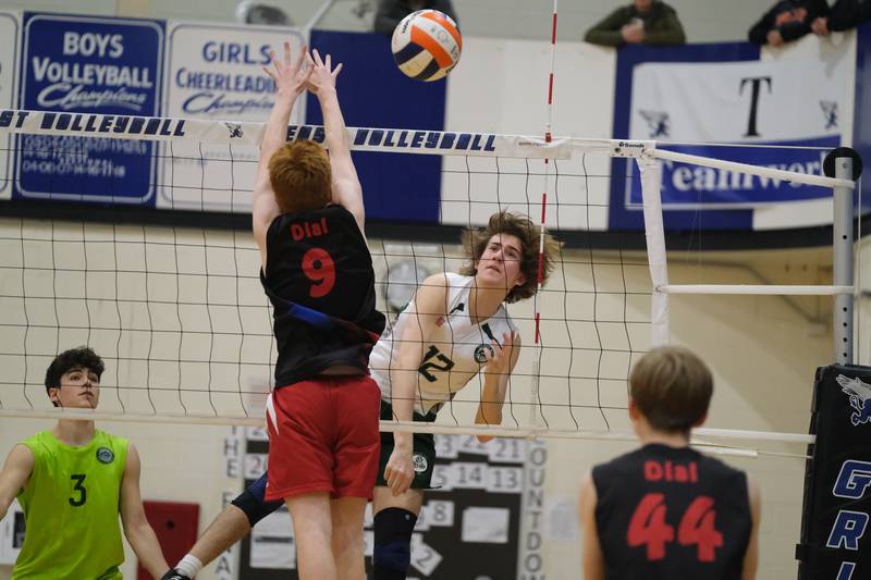 Glenbard West’s Parker Moorhead hit a shot past the defense of Roncalli (IN) in the Lincoln-Way East Tournament title match. Saturday, April 30, 2022, in Frankfort.