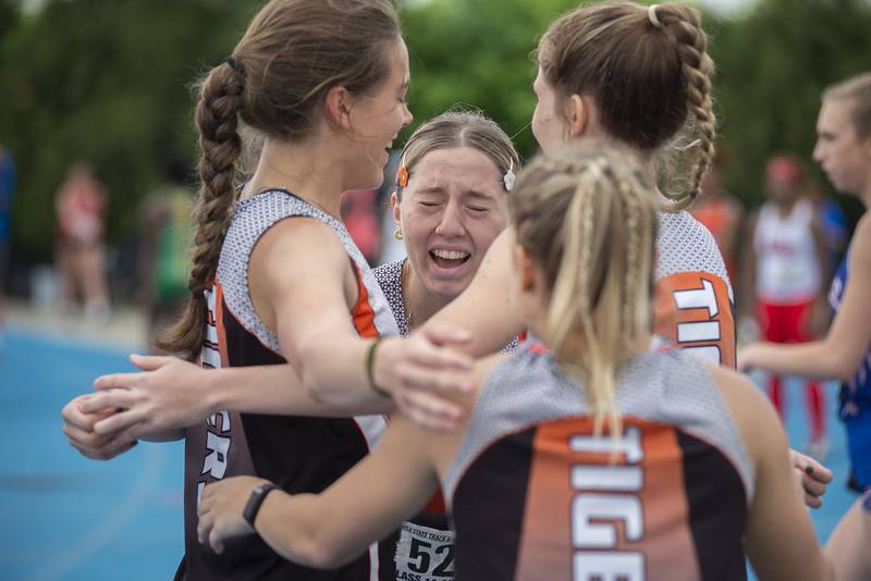 The Byron girls 4x1 team celebrate after the race at the finals during the IHSA girls state championships, Saturday, May 21, 2022 in Charleston.