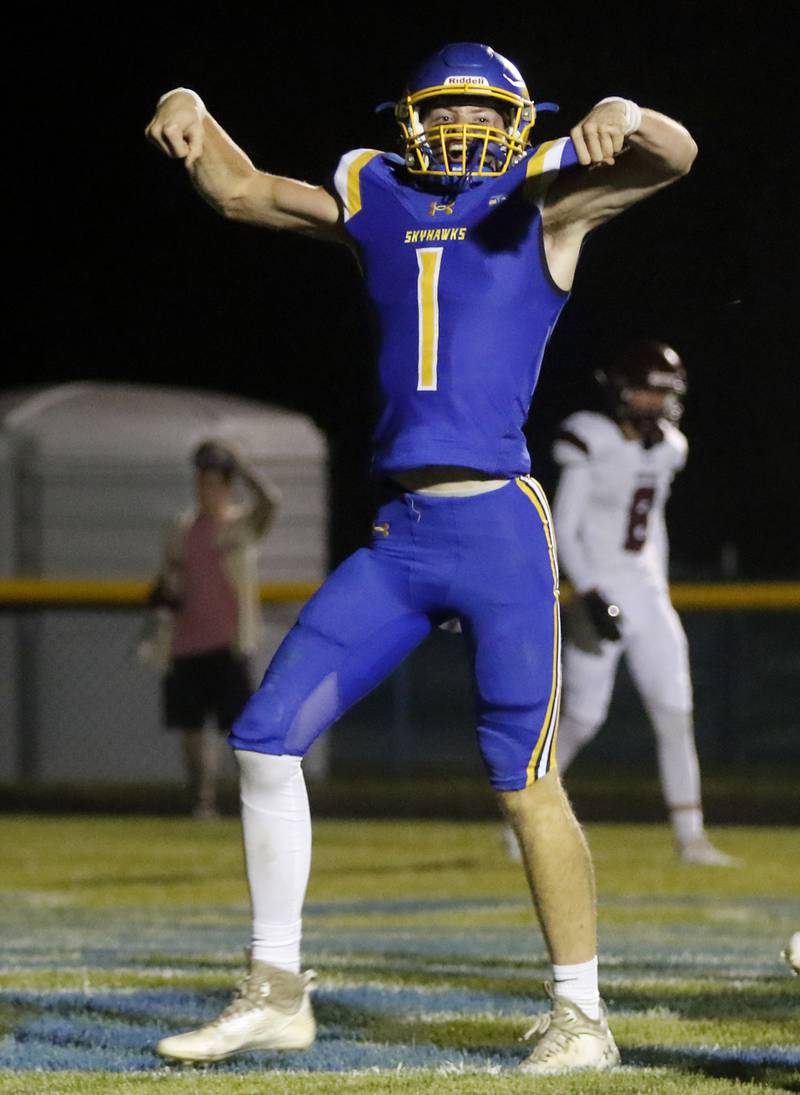 Johnsburg's AJ Bravieri celebrates his touchdown during a Kishwaukee River Conference football game against Marengo on Friday, Sept. 15, 2023, at Johnsburg High School.