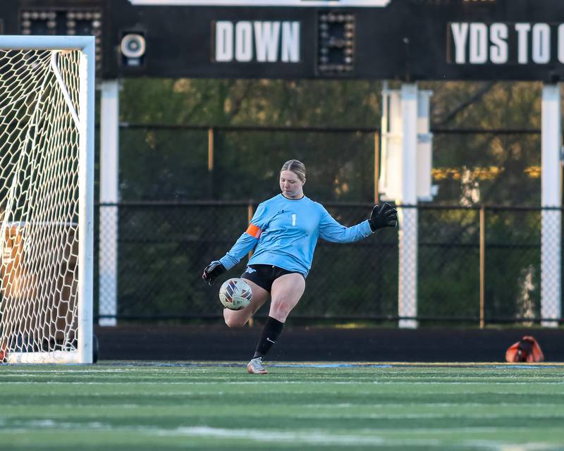 Willowbrook's Payton Brose (1) kicks the ball in play during soccer match between Morton at Willowbrook.  April 15, 2024.