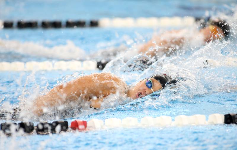 Hinsdale Central’s Lilia Barber competes in the 100-yard freestyle consolation heat during the IHSA Girls State Championships on Saturday, Nov. 16, 2024 at FMC Natatorium in Westmont.
